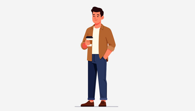 Young man stands casually holding a coffee cup. He wears a beige jacket, blue jeans, and brown shoes. His smile suggests relaxed, friendly demeanor. Simple background highlights his presence clearly