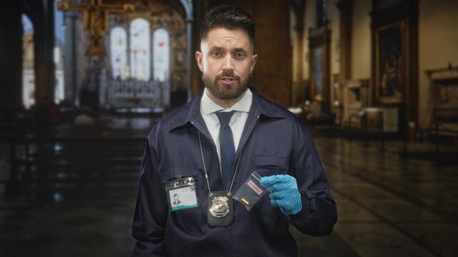 Man detective holding evidence bag with gloved hand, badge and id visible in building church interior; duty solemn.