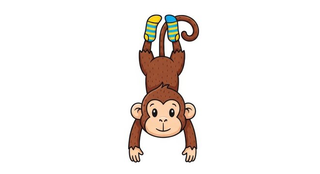A cartoon monkey hanging upside down from its feet on a white background with a happy expression on