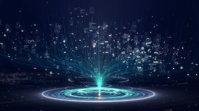 Big Data Analytics Concept. Conceptual Visualization represents artificial intelligence, And Global Network Connections Rising From Central Data Hub. Ideal For Cloud Computing, Cybersecurity, Fintech.