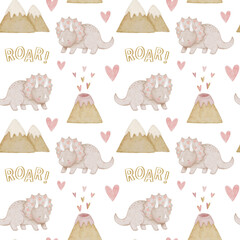 Cute pink dinosaur watercolor pattern for nursery. Seamless jurassic baby hearts design. Friendly floral golden texture roar background. © Karina Martirosova