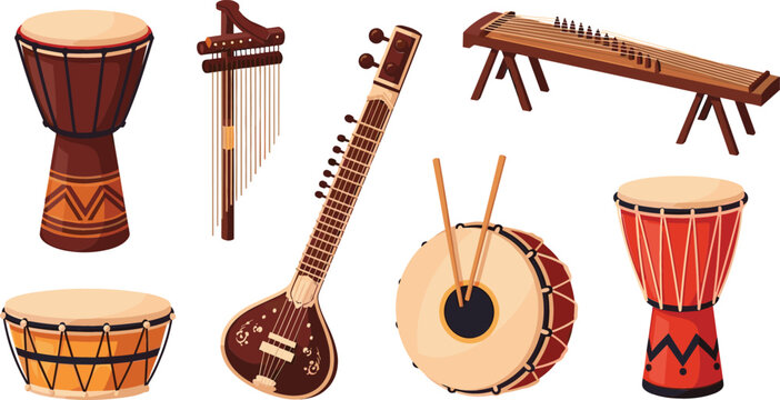 Set of Traditional Musical Instruments Featuring Drums, Sitar, Kora, Dulcimer, and More in Cartoon Style