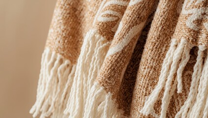 Detailed view of a tan and white fringe blanket