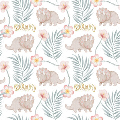 Cute watercolor triceratops dinosaur baby nursery pattern floral background green palm leaf hibiscus © Karina Martirosova