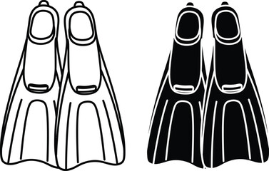 A black and white illustration of flippers for scuba diving and snorkeling © mhk365