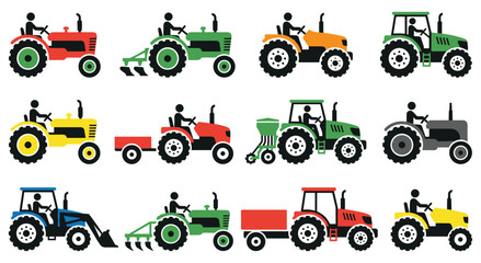 Colorful set of tractor icons showing various farm vehicles in action © SHUVO