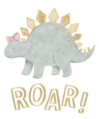 Cute watercolor dino nursery print. Gold glitter ROAR word, pink bow. Sleepy animal wallart decor. © Karina Martirosova