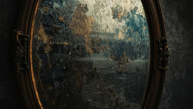 Distorted shapes and images on a grimy mirror
