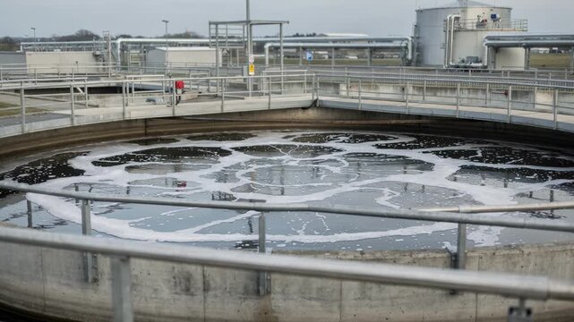 Medium shot capturing a wastewater treatment clarifier with gently foamy surface indicating active biological treatment in progress.