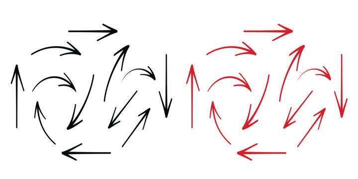 Hand Drawn Curved Arrow  Vector Set, Doodle Direction Arrows, Long Curved Black And Red Navigation Arrow Eps Collection.