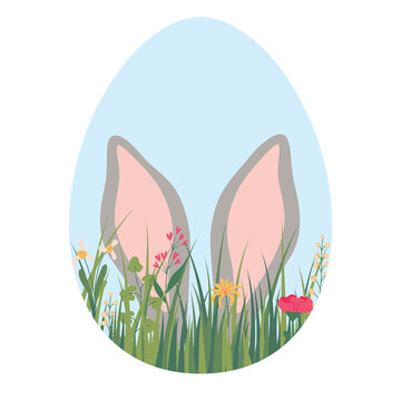 A shape of an egg with bunny ears peeking out of the blossoming grass  - an Easter spring composition. Illustration on a transparent background
