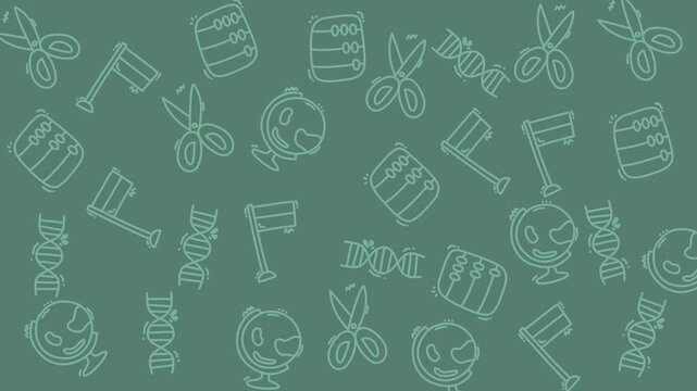 Engaging seamless vector pattern of diverse educational elements including an abacus, globe, scissors, and DNA helix, set against a dark green backdrop perfect for learning-themed designs