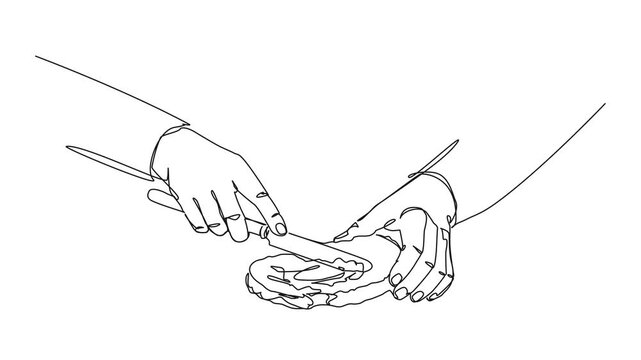 animated continuous line drawing of hands holding knife spreading butter on slice of bread, line art animation