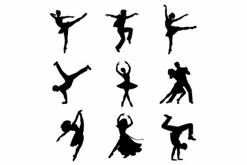 Silhouettes of diverse dancers performing dynamic dance moves in various styles