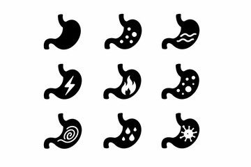 Set of stomach icons illustrating various gastric conditions and symptoms