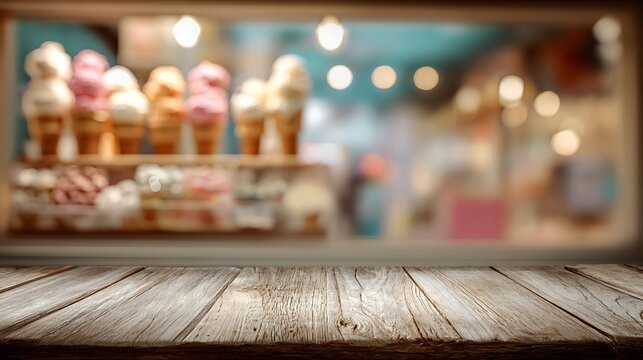 Awesome photo of rustic wooden table surface with a blurry ice cream shop interior background.