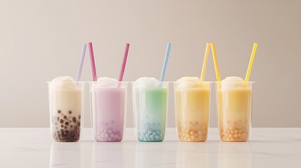 Four different bubble tea cups arranged in a row, each with milk tea and pearls, clear plastic cups, single colorful straw for each cups