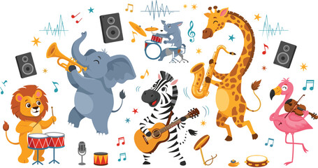 Cute Safari Animal Music Band with Lion Elephant Zebra Giraffe Flamingo Playing Instruments Cartoon Vector Illustration © MstLinaAkter