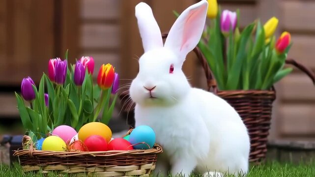 easter bunny and basket of easter eggs