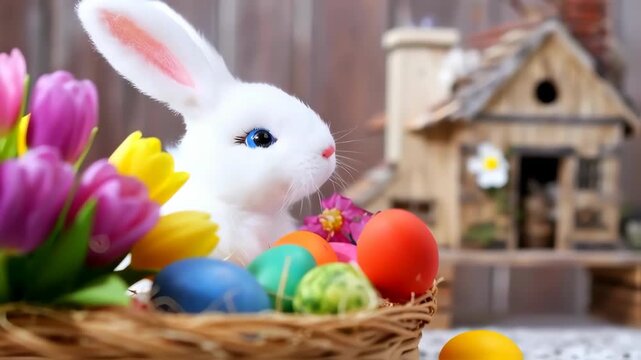 easter bunny and basket of easter eggs