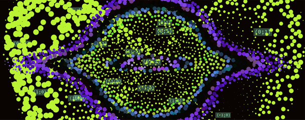 Multicolor glowing particle circle with probability math symbols on black. Conceptual vector illustration for quantum computing and machine learning probability.