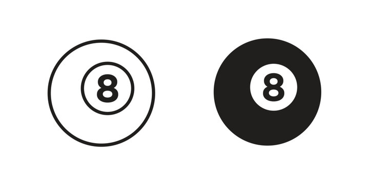 Pool 8 ball icon vector pack. Thin linear and black flat style.