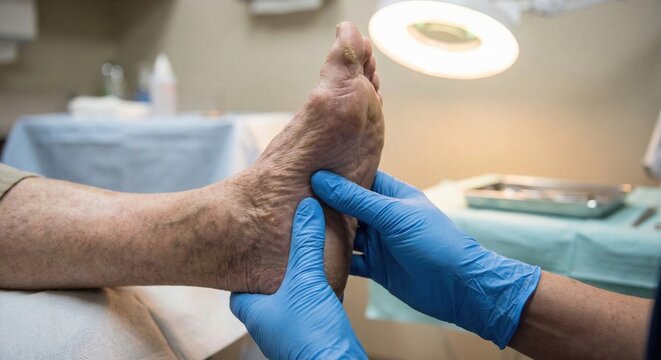 Podiatrist examining senior patient's foot in medical clinic
