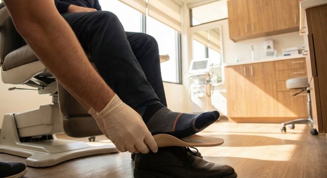 Podiatrist fitting custom orthotic insert on patient's foot