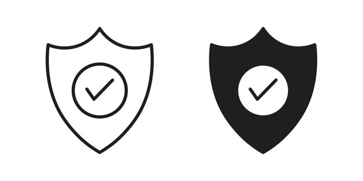 Shield check mark icon vector pack. Thin linear and black flat style.