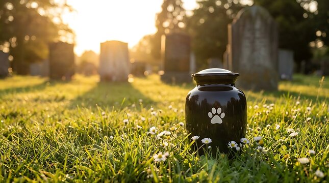 Pet urn with paw print on grass in cemetery at sunrise, representing memorial, remembrance, and loss of beloved animal, quiet and serene resting place, final farewell