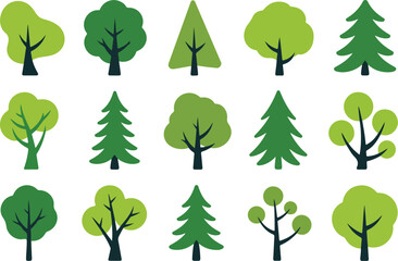 Colorful deciduous and coniferous trees set isolated on white background simple flat vector illustration for biology educationPrint © Mehg