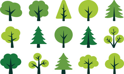 Colorful deciduous and coniferous trees set isolated on white background simple flat vector illustration for biology educationPrint © Mehg
