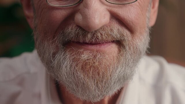 Cropped view mouth half face Caucasian senior bearded man cute smiling unrecognizable business male smile gray beard hair happy pensioner cheerful citizen old elderly aged pensioner carefree emotion 