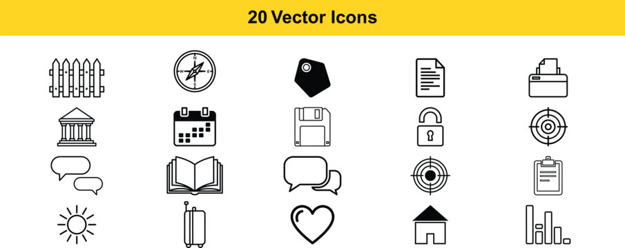 Collection of twenty distinct vector icons for various themes and functionalities Vector