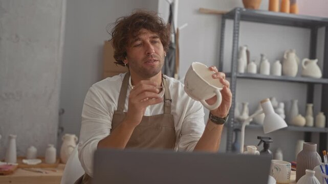 Man painting a ceramic mug with a small brush, holding it by the handle while seated in an artist studio; craftsmanship calm.