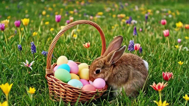 easter bunny and basket of easter eggs on grass