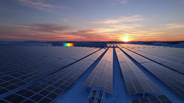 Solar panels and cables arranged in rows on a rooftop at sunset, showcasing vibrant colors reflecting off the glass surface and the horizon in the background