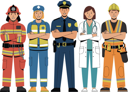 Diverse group of essential workers and first responders in uniform healthcare safety emergency service vector illustration