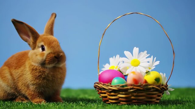 easter bunny and basket of easter eggs on grass