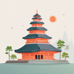 Fototapeta premium Traditional Asian temple pagoda in a serene landscape with mountains and sun.