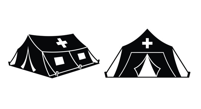 Two medical tents depicted in a stark black silhouette