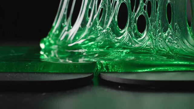 Green viscous liquid flows and stretches across a dark surface, creating a dynamic visual effect with smooth transitions and glossy reflections in a close-up view