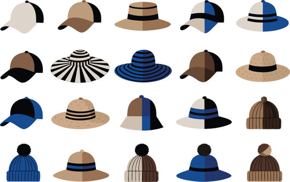 A collection of various hats and caps in different styles and colors