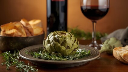 Herb-infused artichoke dish with toasted bread and wine