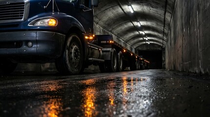 Fototapeta premium Line of semi-trucks parked in dark tunnel with wet reflective asphalt road and glowing headlights illumination industrial transport