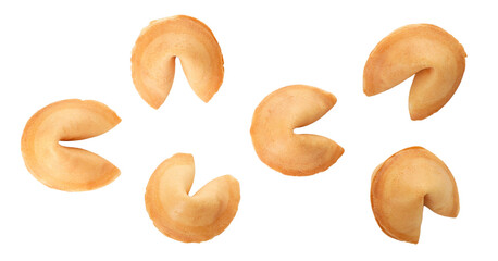 a dynamic arrangement of six golden-brown fortune cookies floats against a deep transparent background, creating a striking contrast and emphasizing their crisp, inviting form. © Wasai