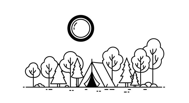A minimalist line art illustration of a camping tent surrounded by various trees under a simple sun, depicting an outdoor adventure scene.