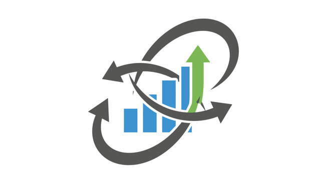 Business growth cycle icon with bar chart and arrows, isolated white background.