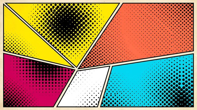 Bright abstract comic book background with vibrant geometric shapes and halftone dots, dynamic energy, pop art style, bold colors, graphic design, retro influence, energetic feel, lively