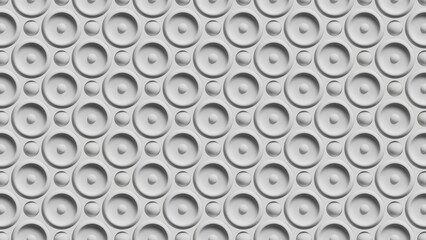 This picture shows a white wall made of round plastic parts. The lighting creates nice shadows on the geometric surface. 3D render illustration.